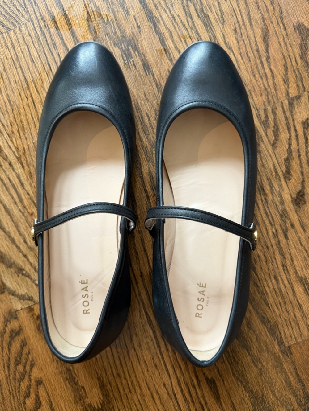 Rosae Paris Black Leather Mary Jane Flats with Gold Accents